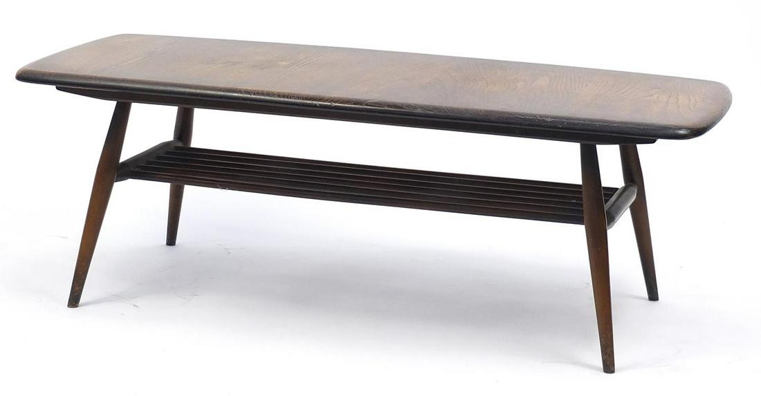 Ercol elm coffee table with under tier, 37cm H x 104cm: Ercol elm coffee table with under tier, 37cm H x 104cm W x 42cm D