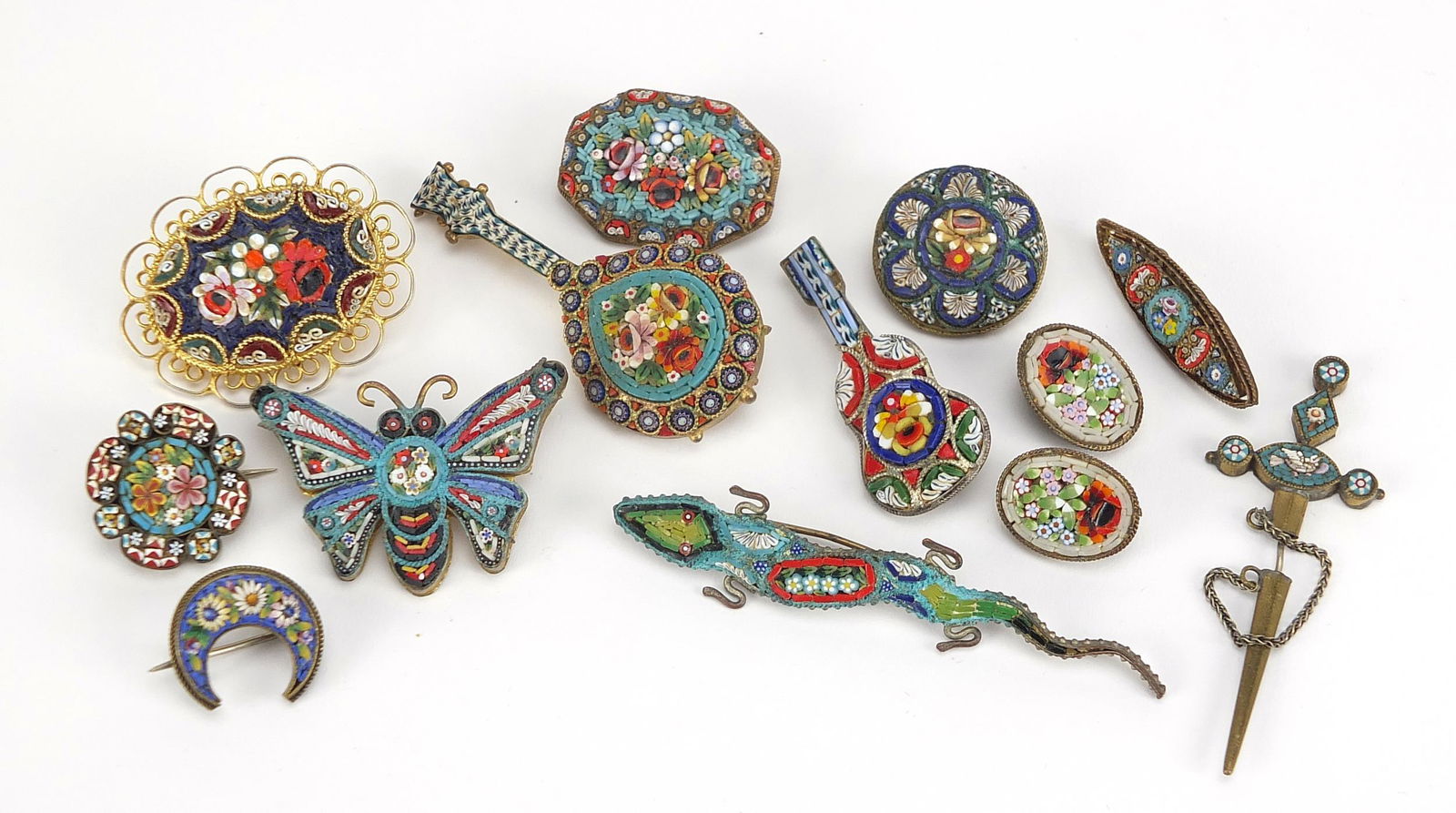 Group of Italian antique and later micro mosaic: Group of Italian antique and later micro mosaic jewellery including a sword in a sheath, mandolin and insects, the largest 6cm wide