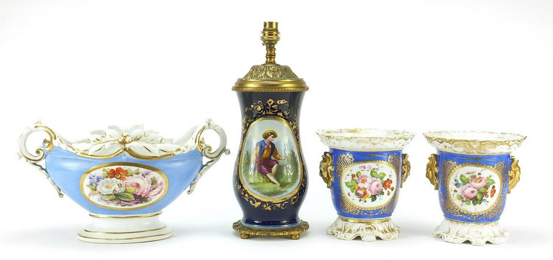 French porcelain to include table lamp hand painted: French porcelain to include table lamp hand painted with figures and flowers and three planters hand painted with flowers, the largest 36cm high