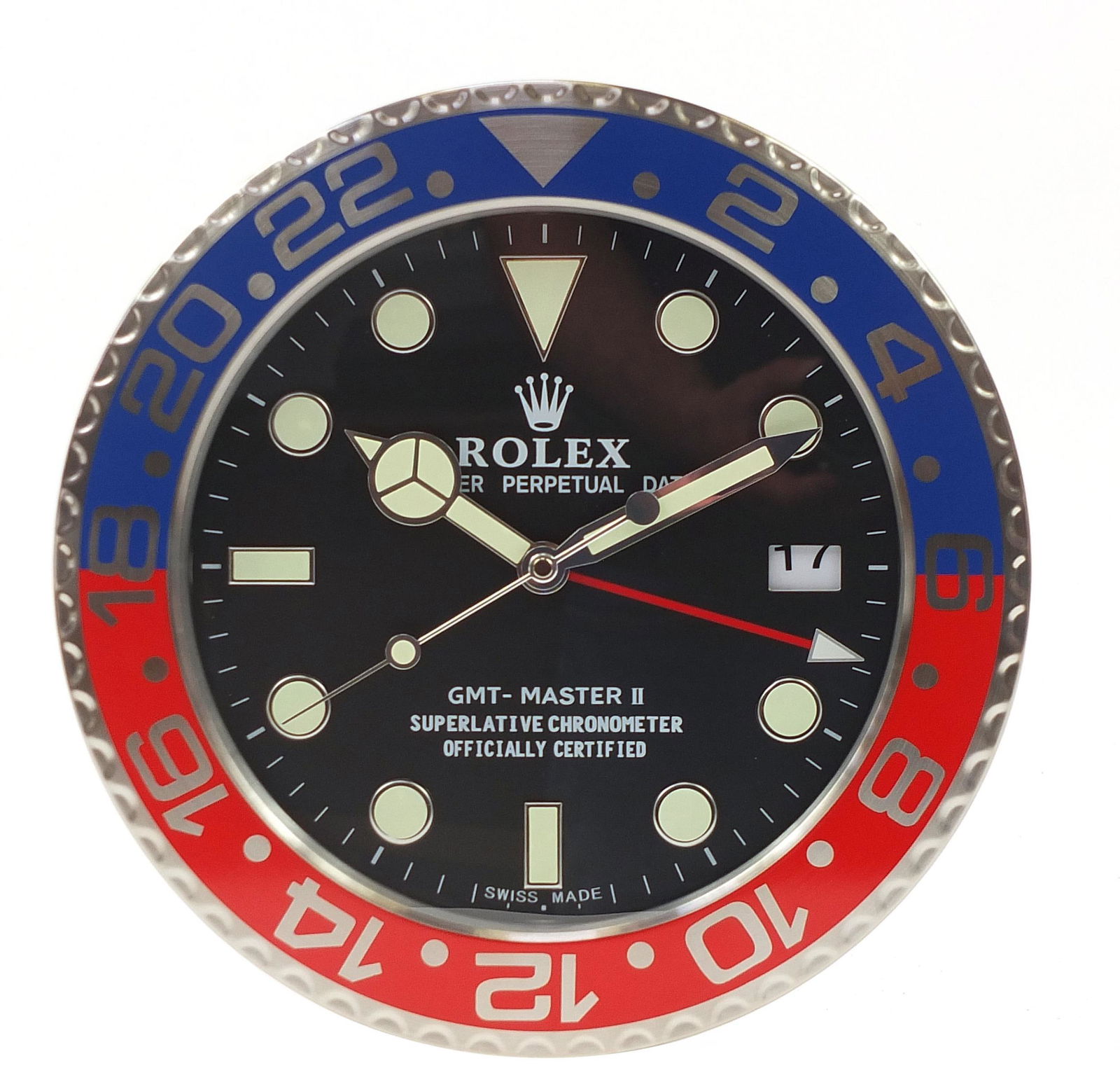 Rolex design GMT Master II dealer's display wall clock,: Rolex design GMT Master II dealer's display wall clock, 35cm in diameter
