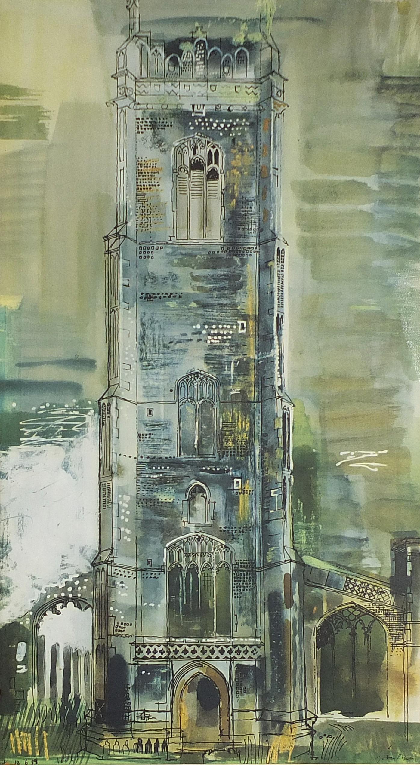 After John Piper - Walberswick Tower 1958, vintage: After John Piper - Walberswick Tower 1958, vintage print in colour, mounted, framed and glazed, 68.5cm x 38.5cm excluding the mount and frame