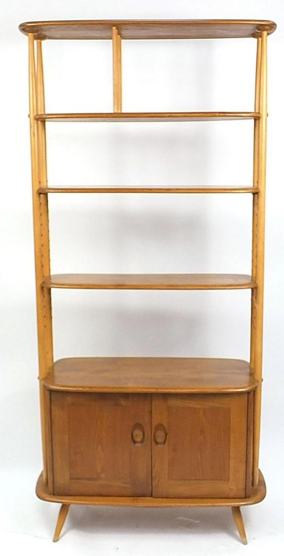 Ercol Windsor light elm room divider with two: Ercol Windsor light elm room divider with two adjustable shelves and cupboard base, 191cm H x 84cm W x 40.5cm D