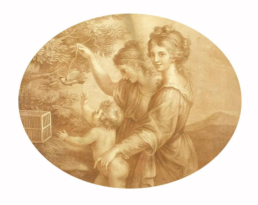 After Francesco Bartolozzi - Two females and child with: After Francesco Bartolozzi - Two females and child with bird, antique oval engraving, mounted, framed and glazed, 30.5cm x 24.5cm excluding the mount and frame