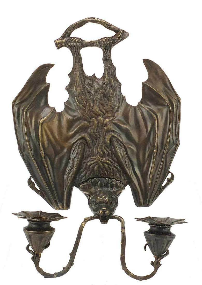 Art Nouveau style patinated bronze bat d...: Art Nouveau style patinated bronze bat design two branch wall sconce, 35cm high; Overall in generally good condition, no visible chips or cracks. As per the online images.