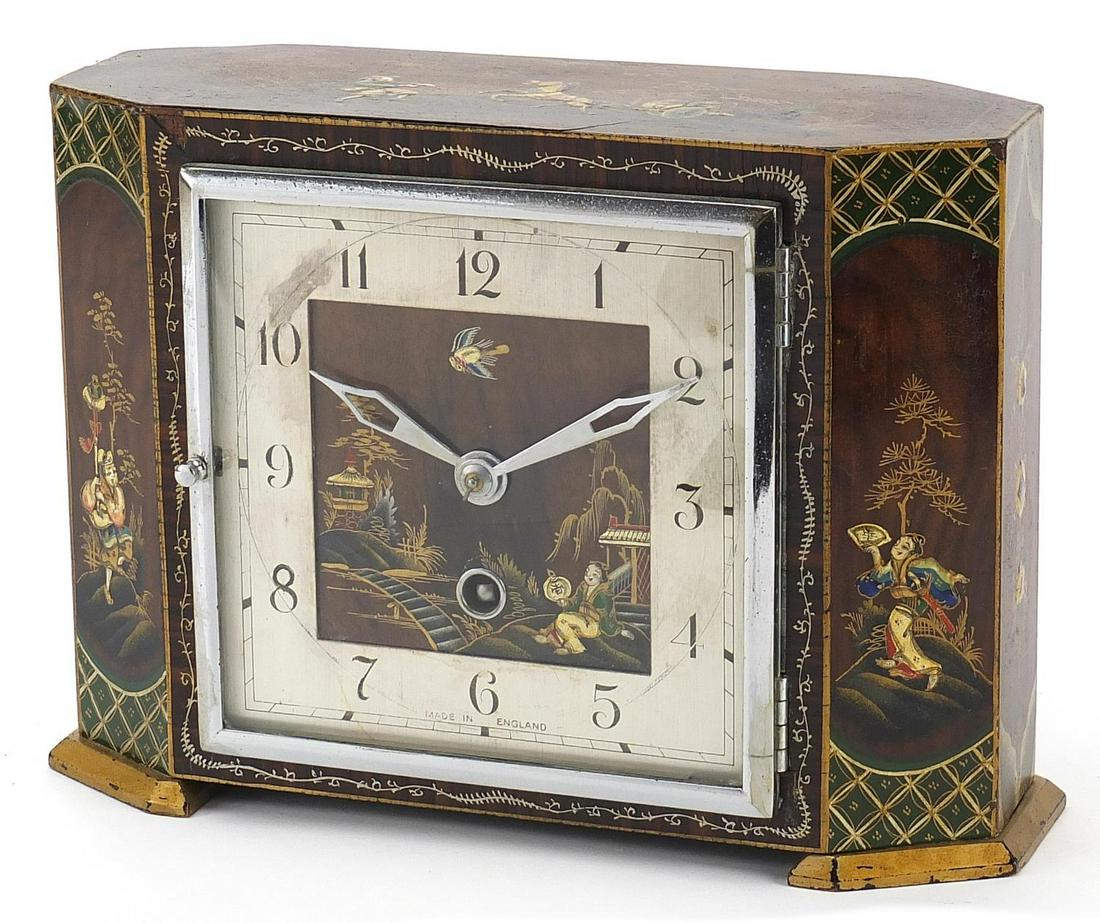 Astral, early 20th century chinoiserie l...: Astral, early 20th century chinoiserie lacquered mantle clock decorated with figures in landscapes, the square silvered dial having Arabic numerals, 23.5cm wide; The clock winds and is ticking. There