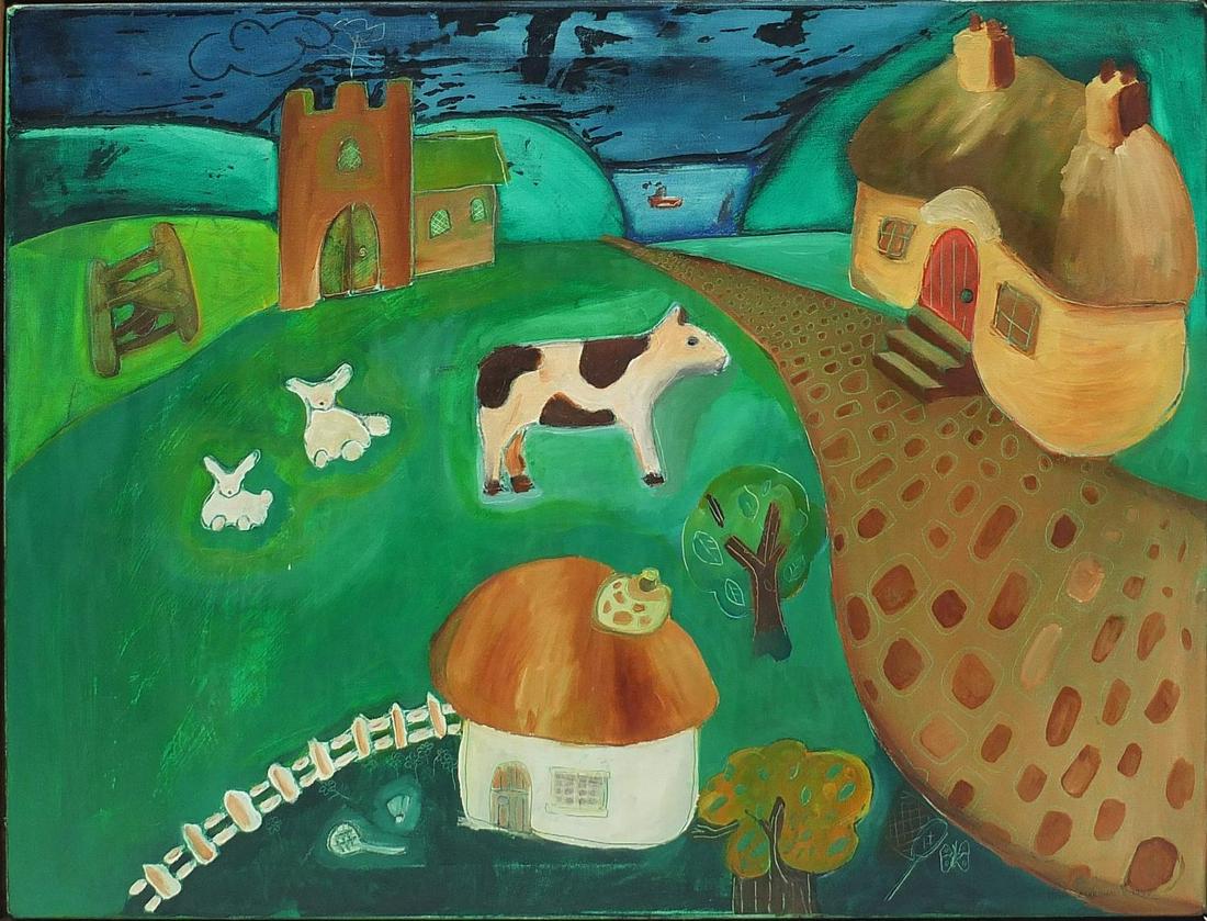 John Marshall 1997 - Surreal landscape w...: John Marshall 1997 - Surreal landscape with farm animals and buildings, oil on canvas, inscribed verso, Branscombe Village, Devon verso, framed, 92cm x 71cm excluding the frame