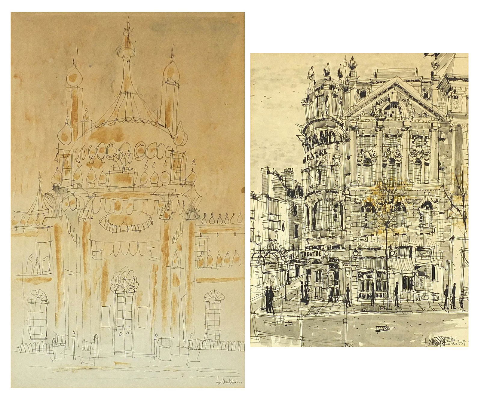 Manner of John Piper - The Strand Theatr...: Manner of John Piper - The Strand Theatre and one other, two pen and inks, each mounted, framed and glazed, the largest 51.5cm x 32cm excluding the mount and frame