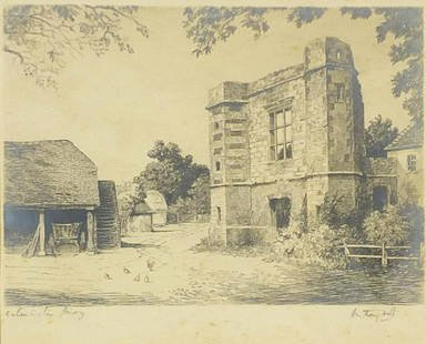 Anthony Hill - Wilmington Priory, pencil...: Anthony Hill - Wilmington Priory, pencil signed etching, mounted, framed and glazed, 20cm x 16.5cm excluding the mount and frame