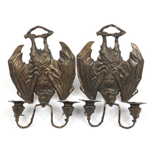 Pair of Art Nouveau style bat design patinated bronze: Pair of Art Nouveau style bat design patinated bronze wall sconces, each 35cm high