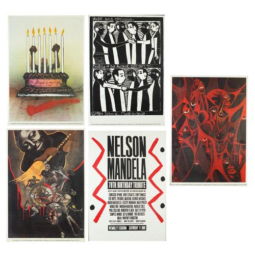 Set of five Nelson Mandela 70th birthday tribute: Set of five Nelson Mandela 70th birthday tribute posters including The Struggle is My Life by Ralph Steadman and A Clean Sweep by Sue Coe, framed and glazed, each 58.5cm x 41cm