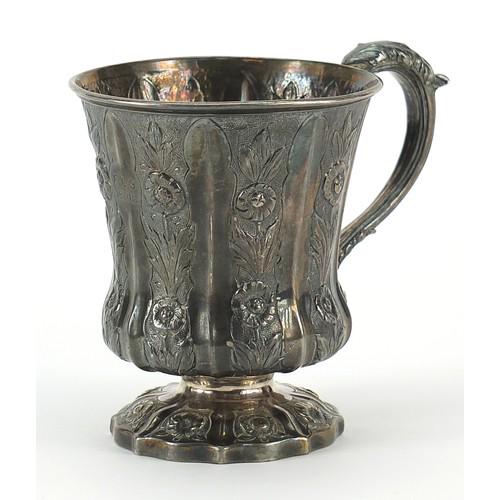 Thomas Johnson, William IV silver cup embossed with flowers, London 1830, 9.5cm high, 185.0g; The: Thomas Johnson, William IV silver cup embossed with flowers, London 1830, 9.5cm high, 185.0g; The cup is very slightly uneven on the base. Overall good general condition, no visible dents or splits as