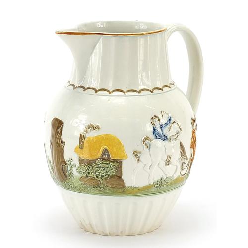 Late 18th century Prattware jug decorated in relief with huntsmen on horseback and hounds, 18cm