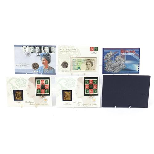 Commemorative covers and coins including Britannia two pound Silver Bullion coin and ten pound