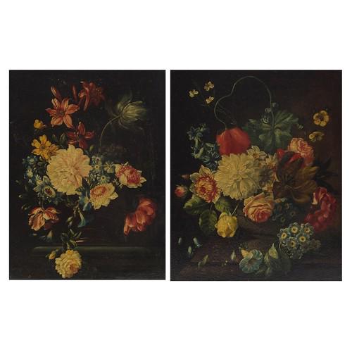 Still life flowers, pair of Italian antique oil on canvasses, mounted and framed, each 38.5cm x 28cm: Still life flowers, pair of Italian antique oil on canvasses, mounted and framed, each 38.5cm x 28cm excluding the mount and frame