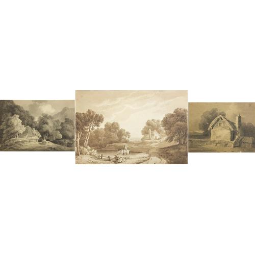 Pastoral landscapes with cottages, three 19th century monochrome watercolours, one inscribed P de: Pastoral landscapes with cottages, three 19th century monochrome watercolours, one inscribed P de Wint and D Cox verso, another inscribed John Varley verso, one mounted, each unframed, the largest 37c