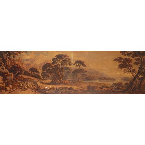 Attributed to John Varley - River landscape with peasants and sheep, 19th century heightened: Attributed to John Varley - River landscape with peasants and sheep, 19th century heightened panoramic watercolour on buff paper, labels and chalk marks verso, framed, 139cm x 42cm excluding the frame