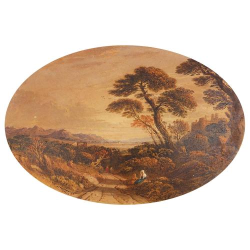 John Varley 1842 - Figures beside a path before a landscape, 19th century oval watercolour on card,: John Varley 1842 - Figures beside a path before a landscape, 19th century oval watercolour on card, mounted, unframed, 40.5cm x 27.5cm excluding the mount