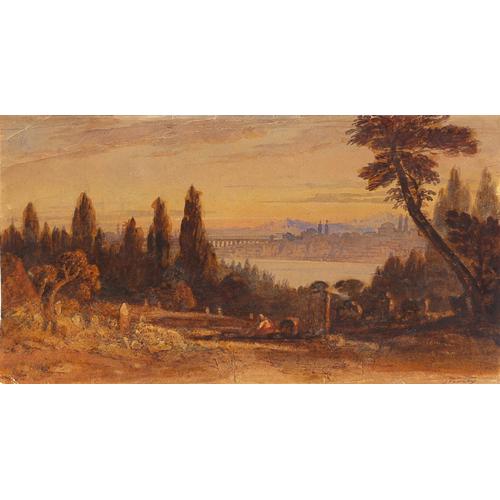 John Varley -Seated figure before bridge over water, 19th century watercolour on paper, unframed,: John Varley -Seated figure before bridge over water, 19th century watercolour on paper, unframed, 43cm x 23cm