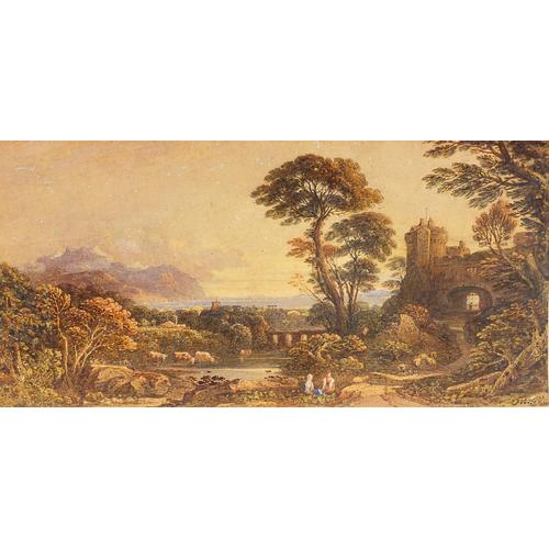 John Varley 1842 - Castle, figures and cattle before water, 19th century panoramic watercolour,: John Varley 1842 - Castle, figures and cattle before water, 19th century panoramic watercolour, inscribed in pencil verso Exhibition October 1960, mounted on backing board, unframed, 54.5cm x 26cm exc