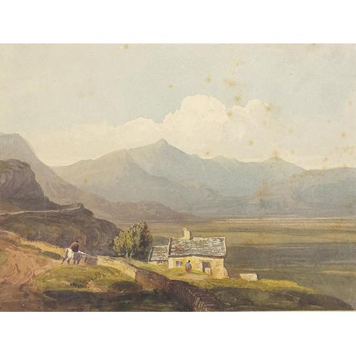 Manner of John Varley - Ffestiniog, Welsh mountain landscape with figure on horseback and cottage,: Manner of John Varley - Ffestiniog, Welsh mountain landscape with figure on horseback and cottage, watercolour on card, mounted on paper, unframed, 26cm x 19cm excluding the paper