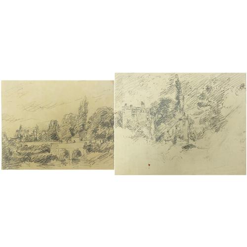 Manner of John Constable - Bridge over water and buildings, two 19th century pencil drawings on: Manner of John Constable - Bridge over water and buildings, two 19th century pencil drawings on paper, one inscribed verso, unframed, the largest 20cm x 16cm