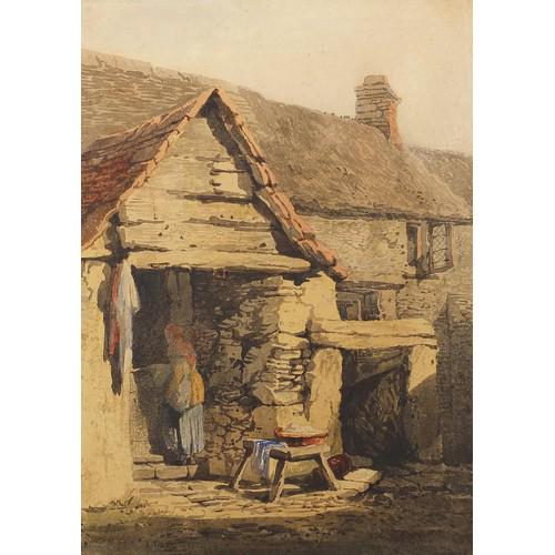 Attributed to Samuel Prout - Figure beside a cottage, 19th century watercolour, mounted on card,: Attributed to Samuel Prout - Figure beside a cottage, 19th century watercolour, mounted on card, unframed, 26.5cm x 19.5cm