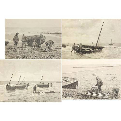 Peter Frederick Anson Fishing boats and figures, Sheringham, four monochrome watercolours on