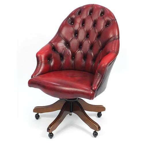 Mahogany framed high back captain's chair with oxblood leather button upholstery, 100cm high