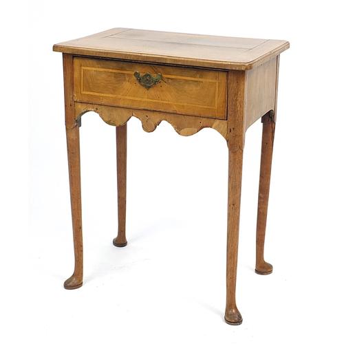 Antique quarter veneered walnut side table with frieze drawer, 72.5cm H x 57cm W x 40.5cm D: Antique quarter veneered walnut side table with frieze drawer, 72.5cm H x 57cm W x 40.5cm D