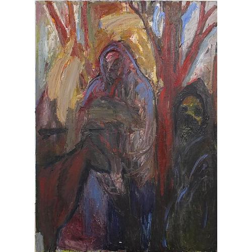 After Christopher Le Brun - Hooded figures and animal, surreal oil on canvas, unframed, 101cm x 76cm: After Christopher Le Brun - Hooded figures and animal, surreal oil on canvas, unframed, 101cm x 76cm