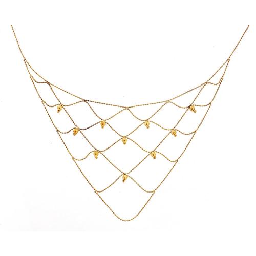 9ct gold flapper style necklace housed in a J Sidebotham & Son Buxton box, 40cm in length, 3.8g: 9ct gold flapper style necklace housed in a J Sidebotham & Son Buxton box, 40cm in length, 3.8g