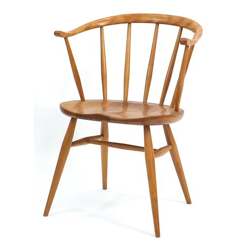 Ercol light elm stick back cow horn fire side chair, 77cm high: Ercol light elm stick back cow horn fire side chair, 77cm high