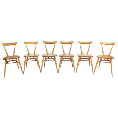 Set of six Ercol ash and light elm stacking chairs, 74cm high: Set of six Ercol ash and light elm stacking chairs, 74cm high