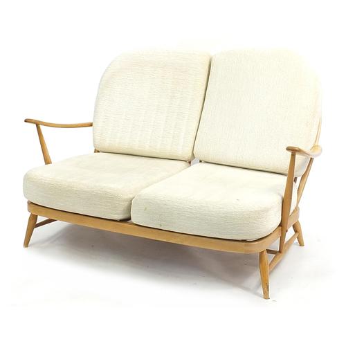 Ercol light elm Windsor two seater settee, 134cm wide: Ercol light elm Windsor two seater settee, 134cm wide