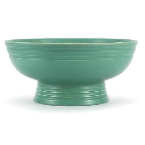 Keith Murray for Wedgwood, green glazed footed bowl, 26cm in diameter: Keith Murray for Wedgwood, green glazed footed bowl, 26cm in diameter