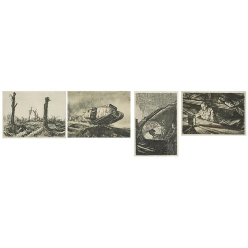 Sir David Muirhead Bone - Set of four prints from The Western Front, published 1917, each with: Sir David Muirhead Bone - Set of four prints from The Western Front, published 1917, each with details verso, mounted, framed and glazed, each 22cm x 16.5cm excluding the mount and frame