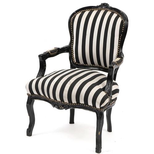 French style black painted elbow chair with black and white striped upholstery, 92cm high: French style black painted elbow chair with black and white striped upholstery, 92cm high