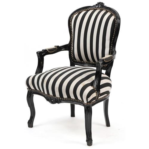 French style black painted elbow chair with black and white striped upholstery, 92cm high: French style black painted elbow chair with black and white striped upholstery, 92cm high