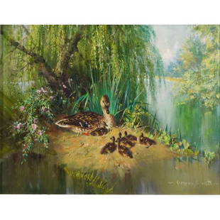 Vernon Ward - Summer Babies, ducks with ducklings, oil on canvas, inscriptions and Beckstones: Vernon Ward - Summer Babies, ducks with ducklings, oil on canvas, inscriptions and Beckstones Gallery stamp verso, mounted and framed 43.5cm x 34cm excluding the mount and frame