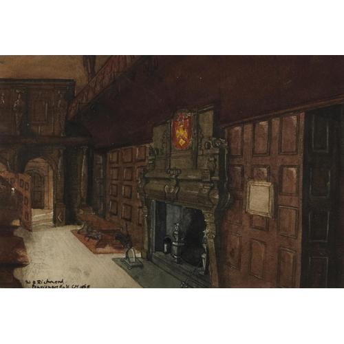 William Blake Richmond 1868 - Pensioners Hall, Chelsea Hospital, 19th century watercolour, mounted,: William Blake Richmond 1868 - Pensioners Hall, Chelsea Hospital, 19th century watercolour, mounted, framed and glazed, 24cm x 16.5cm excluding the mount and frame