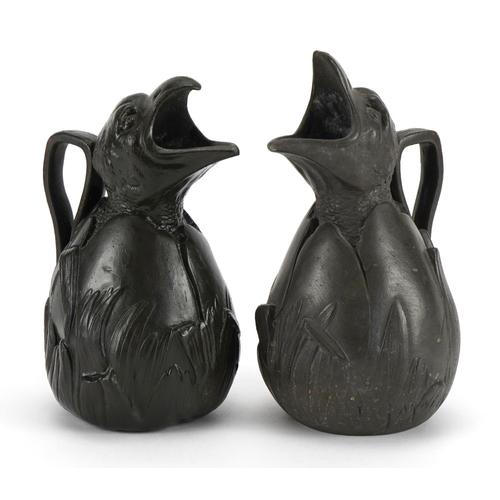 J Garnier, matched pair of French Art Nouveau pewter jugs in the form of hatching chicks, each: J Garnier, matched pair of French Art Nouveau pewter jugs in the form of hatching chicks, each impressed Etain Garinti to the base, the largest 17cm high