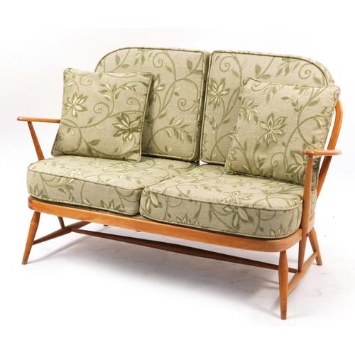 Ercol light elm Windsor two seater settee, 131cm wide: Ercol light elm Windsor two seater settee, 131cm wide