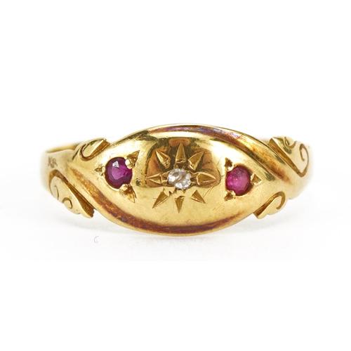 Antique unmarked gold diamond, ruby and red stone Gypsy ring, tests as 18ct gold, housed in a tooled: Antique unmarked gold diamond, ruby and red stone Gypsy ring, tests as 18ct gold, housed in a tooled leather box, size O, 1.9g
