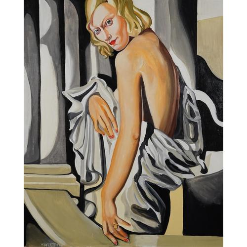 Manner of Tamara de Lempicka - Portrait of semi nude female, Polish school oil on board, framed,: Manner of Tamara de Lempicka - Portrait of semi nude female, Polish school oil on board, framed, 94cm x 77cm excluding the frame
