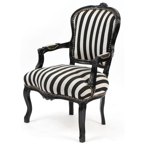 French style black painted elbow chair with black and white striped upholstery, 92cm high: French style black painted elbow chair with black and white striped upholstery, 92cm high