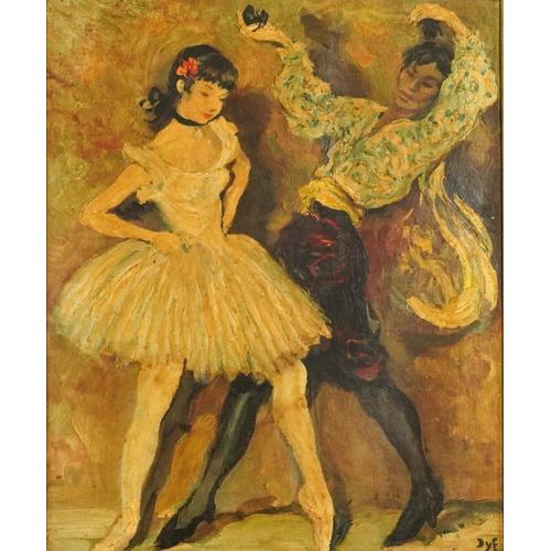 Manner of Marcel Dyf - Two females dancing, oleograph, bearing an E Stacy Marks Gallery label verso,: Manner of Marcel Dyf - Two females dancing, oleograph, bearing an E Stacy Marks Gallery label verso, mounted and framed, 43cm x 35cm excluding the mount and frame