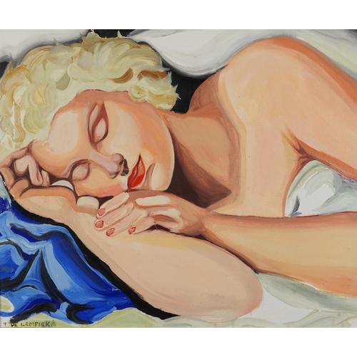 Manner of Tamara de Lempicka - Portrait of a sleeping nude female, Polish school oil on board,: Manner of Tamara de Lempicka - Portrait of a sleeping nude female, Polish school oil on board, mounted and framed, 49cm x 39cm excluding the mount and frame