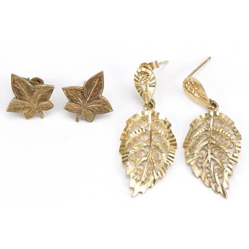 Two pairs of 9ct gold leaf design earrings including a pair of maple leaf studs, the largest 3.5cm: Two pairs of 9ct gold leaf design earrings including a pair of maple leaf studs, the largest 3.5cm high, total 3.7g