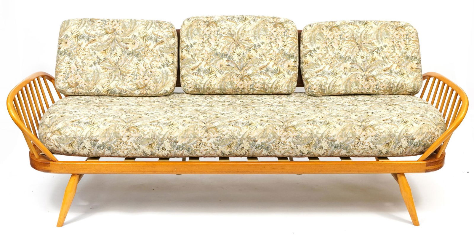 Lucian Ercolani for Ercol, mid century light elm 355 day bed with lift off cushions, 79cm H x 206cm: Lucian Ercolani for Ercol, mid century light elm 355 day bed with lift off cushions, 79cm H x 206cm wide x 80cm D