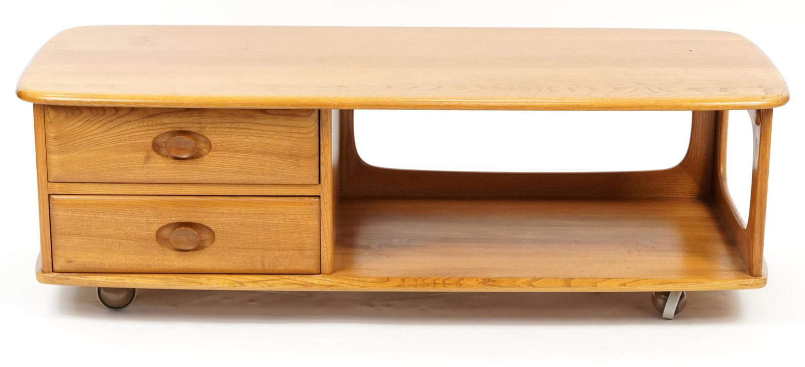Ercol Minerva 844 light elm and beech coffee table with frieze drawer, 40.5cm H x 125cm W x 52.5cm D: Ercol Minerva 844 light elm and beech coffee table with frieze drawer, 40.5cm H x 125cm W x 52.5cm D